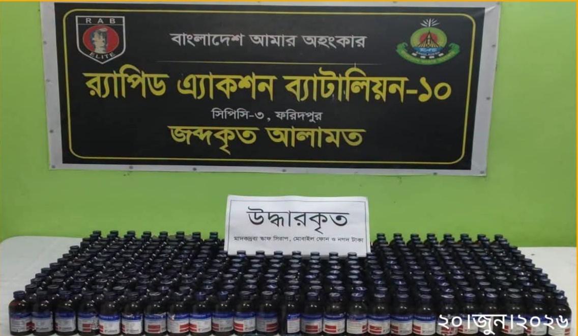 ফরিদপুরের নগরকান্দায় ১০ লাখ টাকার স্কাফ সিরাপ জব্দ, র্যাবের অভিযানে আটক-২